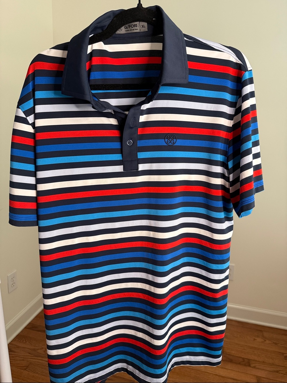 G/FORE Navy Polo with Red and White Stripes SZ XL